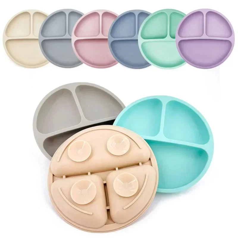 Baby Silicone Dining Plate Kids Feeding Plate Sucker Bowl Solid Smile Face Children Dishes Toddler Training Tableware BPA Free