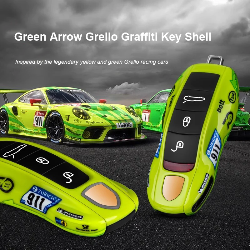 

For Porsche Panamera Cayenne Macan 718 Cayman Boxster 911 Taycan 10-25 Car Green Arrow Grello Key Case Protective Shell Cover