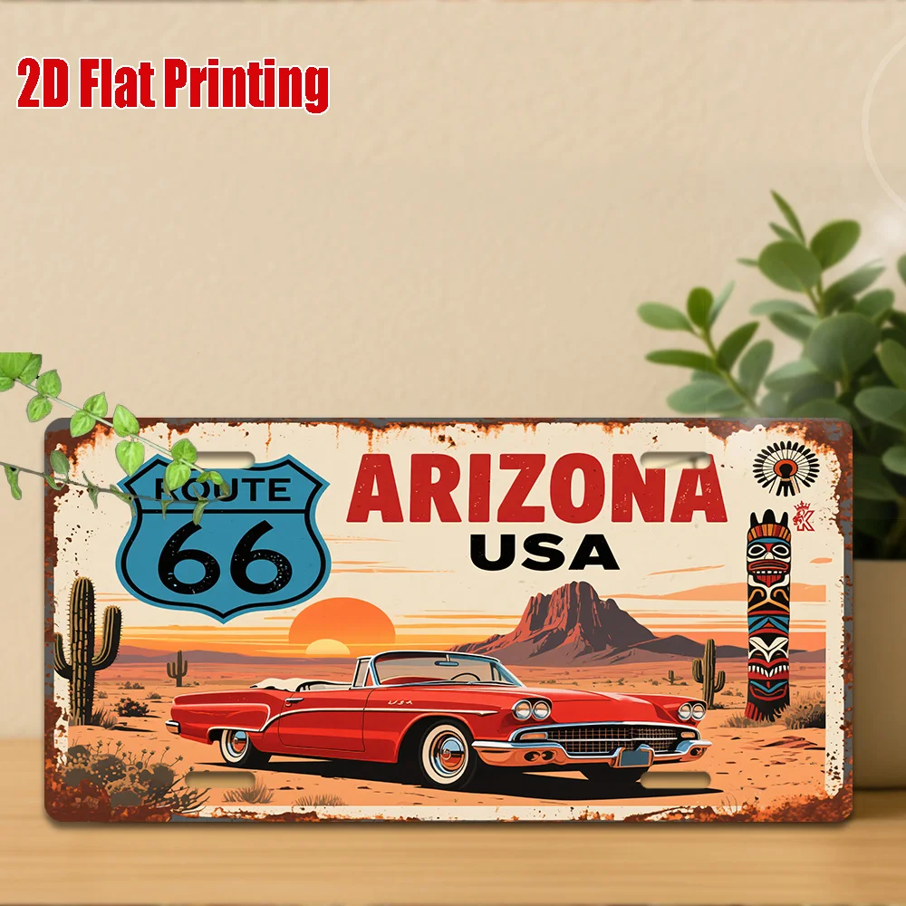 Letrero Metálico Retro Vintage con Impresión Plana 2D de Auto Convertible Rojo del Desierto de Arizona, Ruta 66 y Poste Totem, Nostalgia Americana