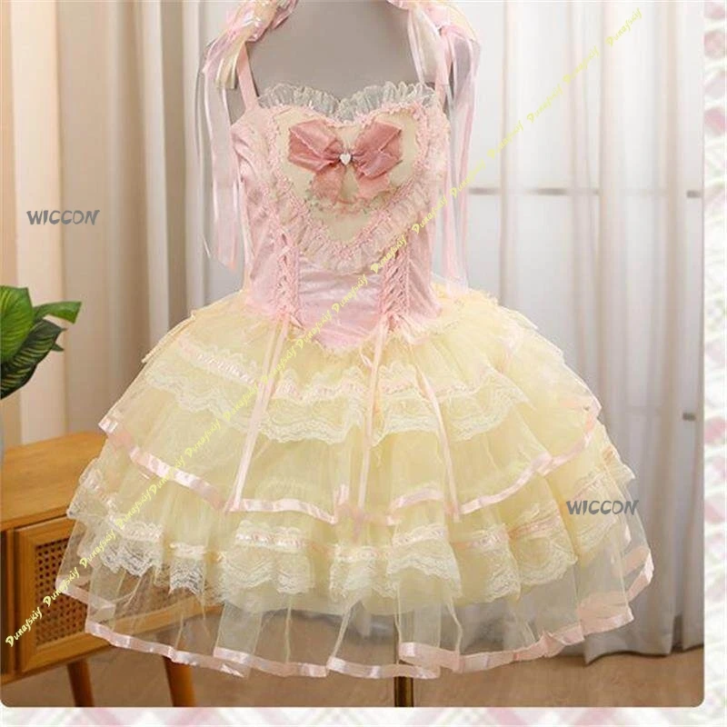 

Satin Ballet Sweet Lolita JSK Set Korean High Waist Puffy Mini Dress for Date & Birthday Party