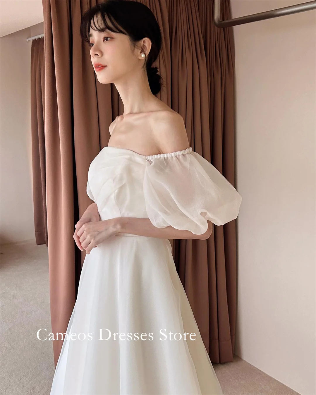 SONDR Customized Off Shoulder Ivory Puff Sleeves Wedding Dresses Simple A-Line Organza Korea Brides Gowns Women Bridal Dresses