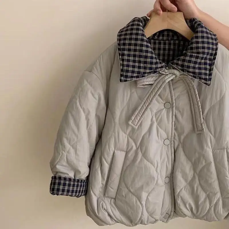

Kawaii повседневное пальто, топы, модная детская одежда, теплое хлопковое пальто для девочек, новинка 2025, модная детская двусторонняя стеганая зимняя куртка