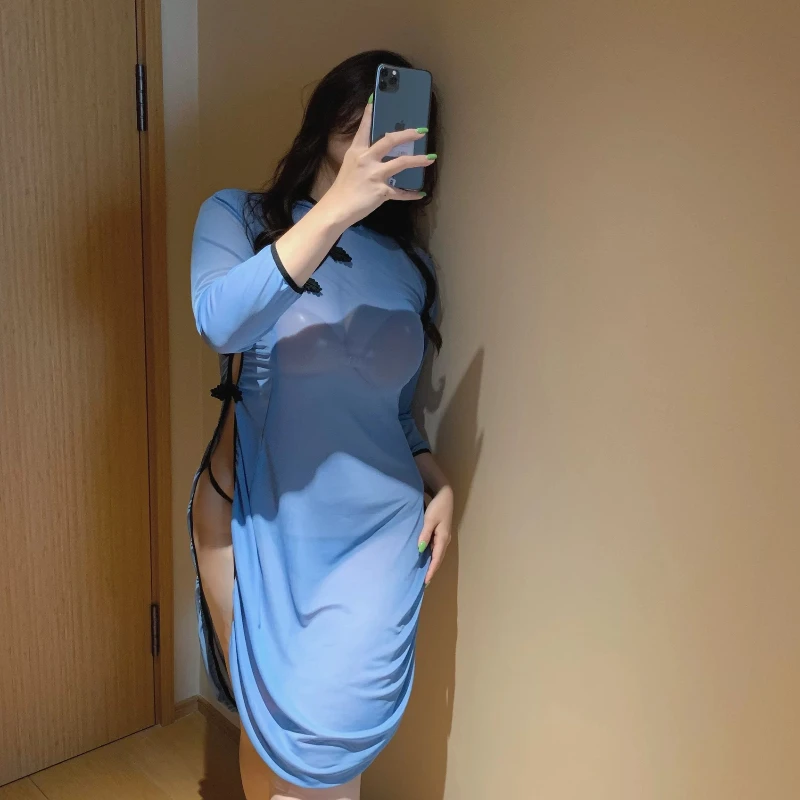 Frauen Kleid Cheongsam Chinesische Vintage Erotische Retro Traditionelle Qipao Verbesserte Kleider Sexy Perspektive Pyjamas Blau Plus Größe