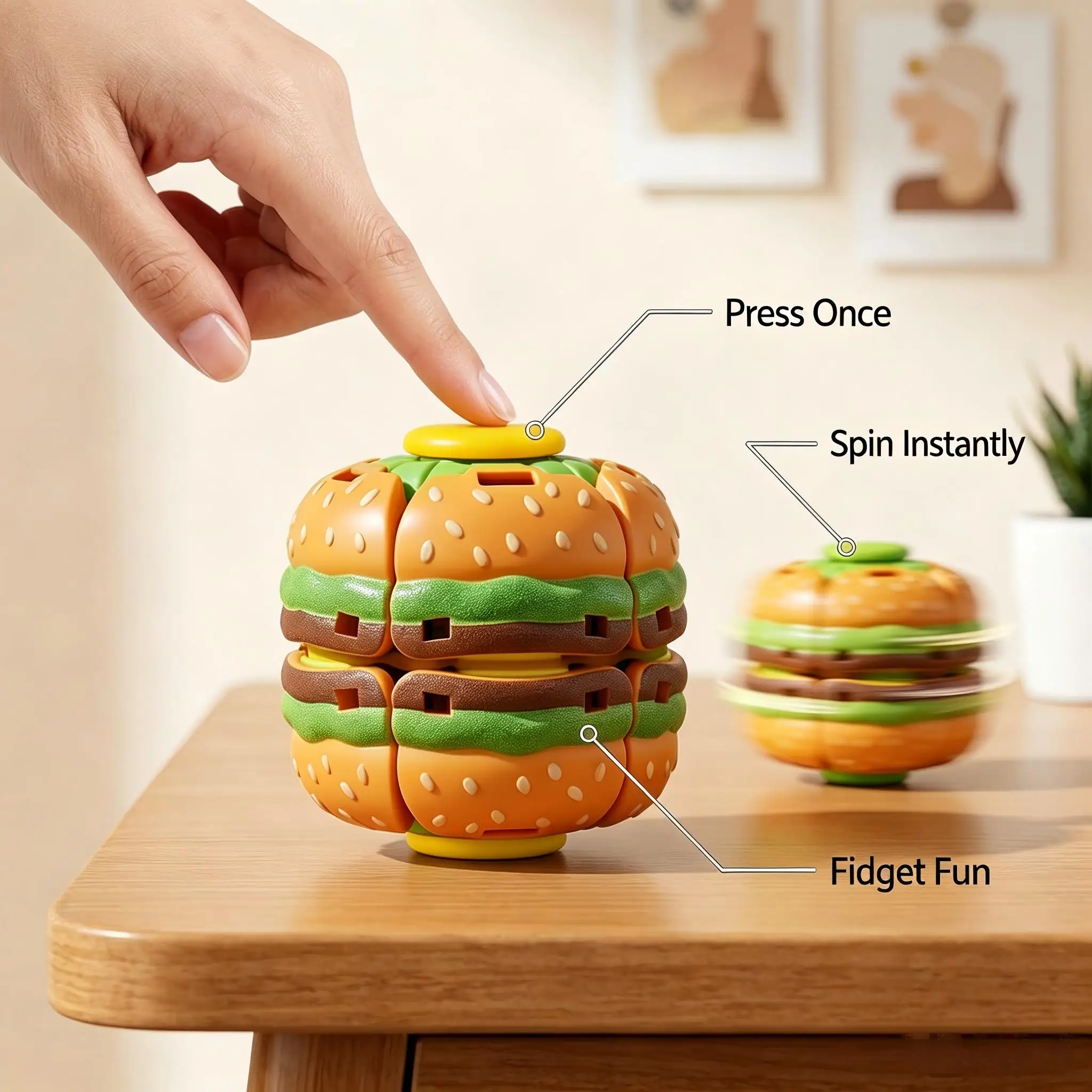 Novelty Hamburger Press‑to‑Spin Fidget Ball Creative Press Launch Rotatable Gyro Gadget Desktop Stress Relief Puzzle Fun Toys