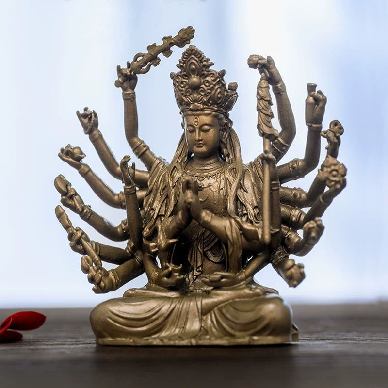Cundi Buddha Mother Statue, Portable Brass Bodhisattva Figurine, Retro Zen Home Office Desk Decor, Compact Buddhist Altar Orname