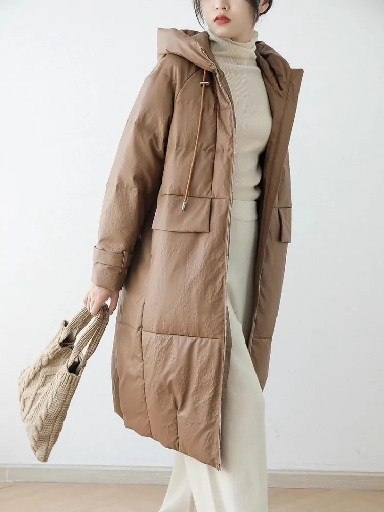 Genuine Leather Women Down Coat Winter Warm Hooded Overcoat Long Sleeve Straight Casual Windbreakers Real Sheepskin Long Jacket