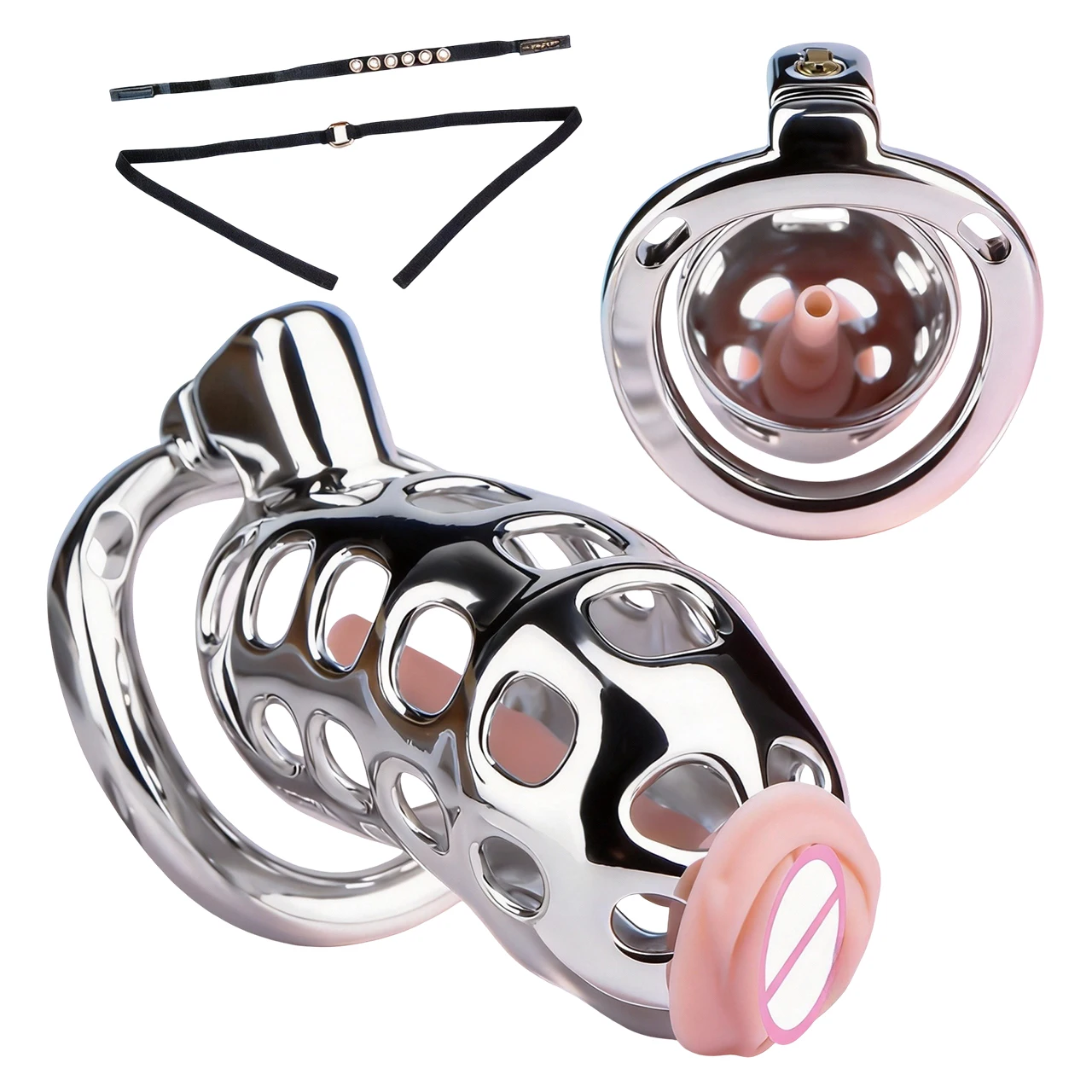 FRRK 18+ Aluminum Alloy Chastity Restraint Device With Skin-Tone Silicone Clitoral Urethral Catheter Cock Ring Adult Erotic Toys