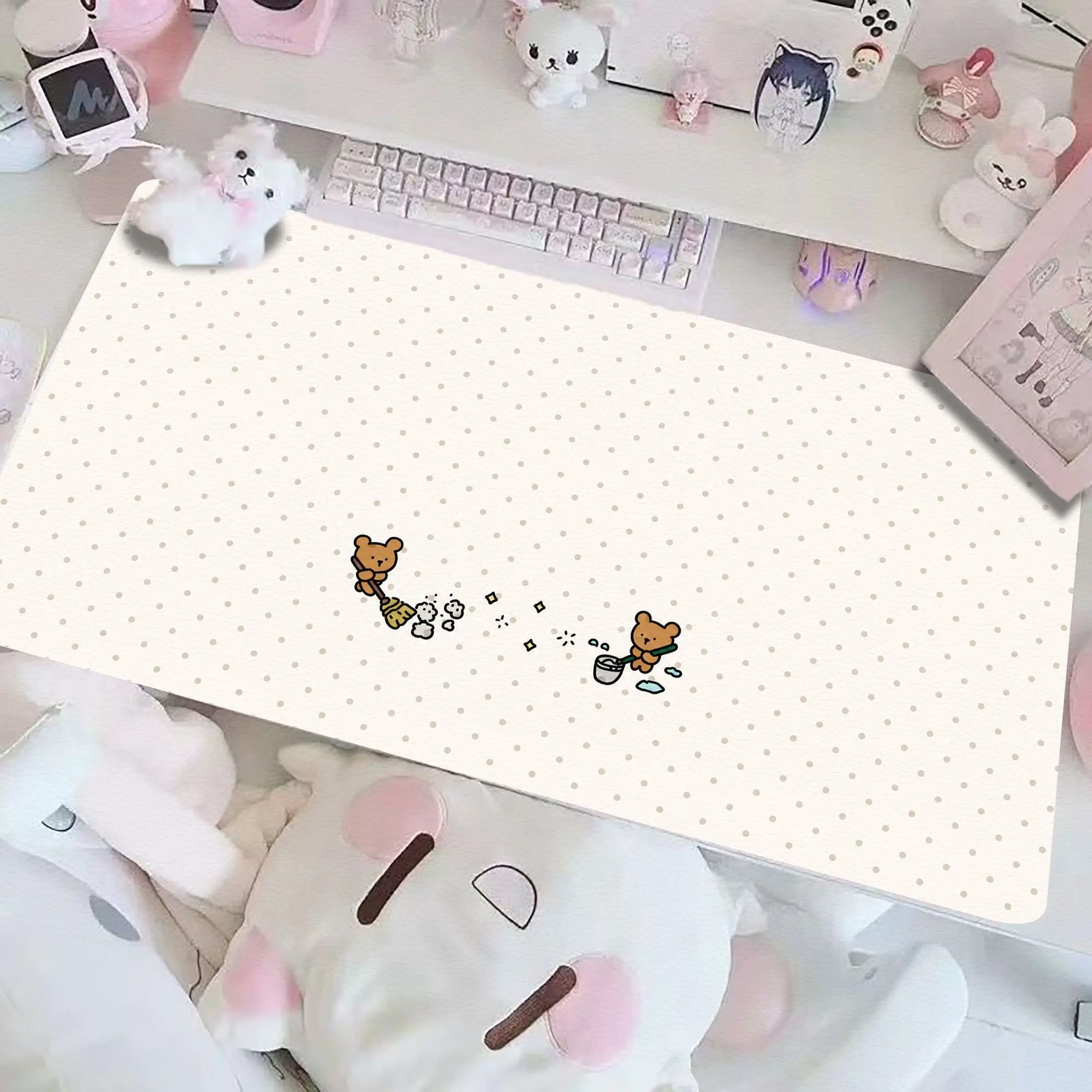 Leather PU Desk Pad Protector Polka Dots Bear Kitten Sweet PINK Mouse Pad Office Desk Mat Waterproof Non-Slip Desk Blotter Pad