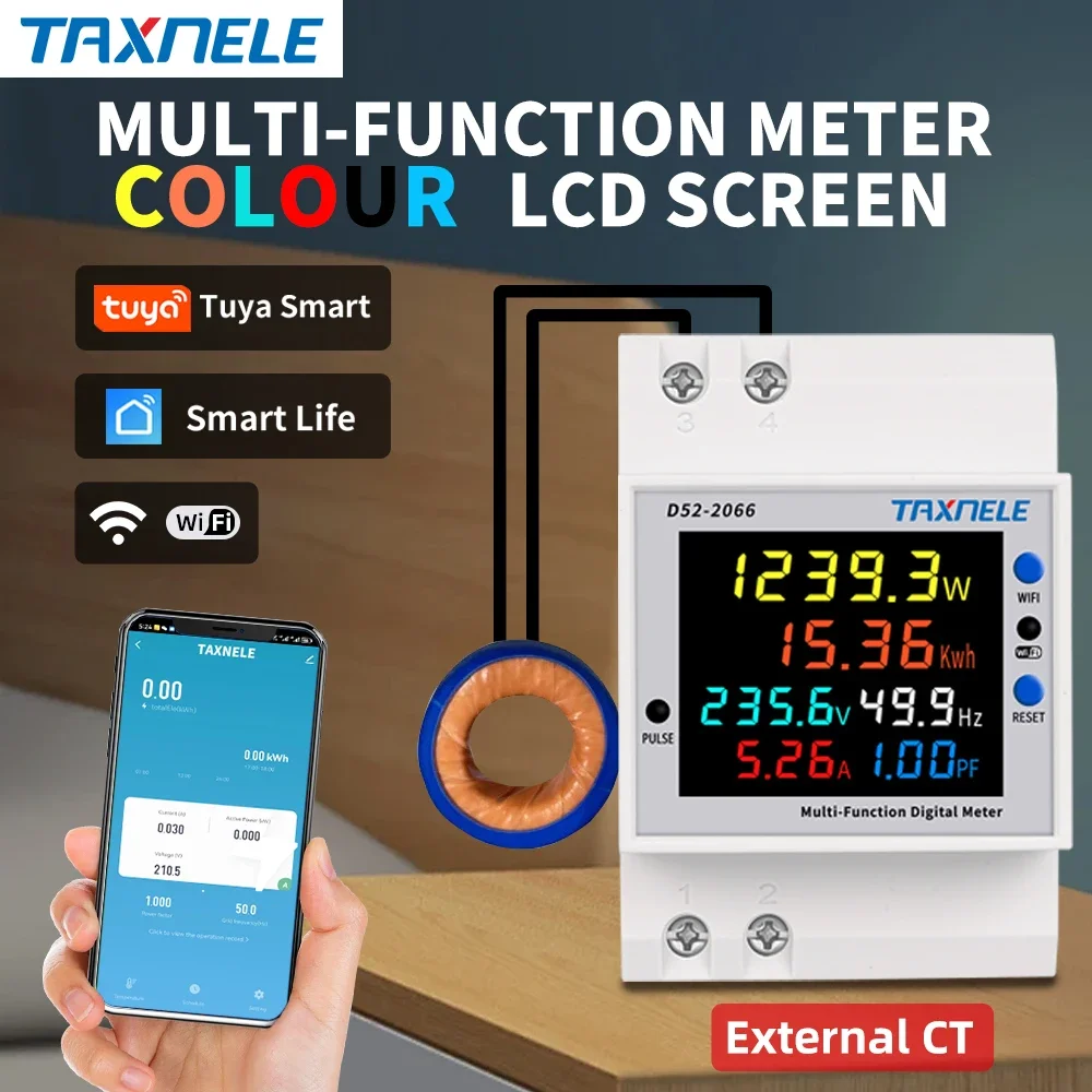 TUYA WiFi Remote Monitor 6IN1 AC 110V 220V 100A Voltage Current Power Factor KWH Electric Energy Frequency Meter D52-2066