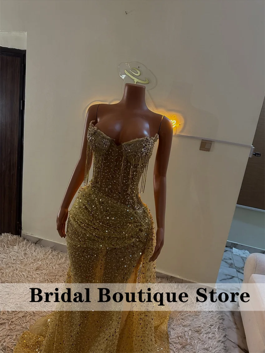 

New Shiny Gold Beading Diamonds Prom Dress For African Black Girls 2026 Tassel Formal Party Gowns Evening Dresses Customized