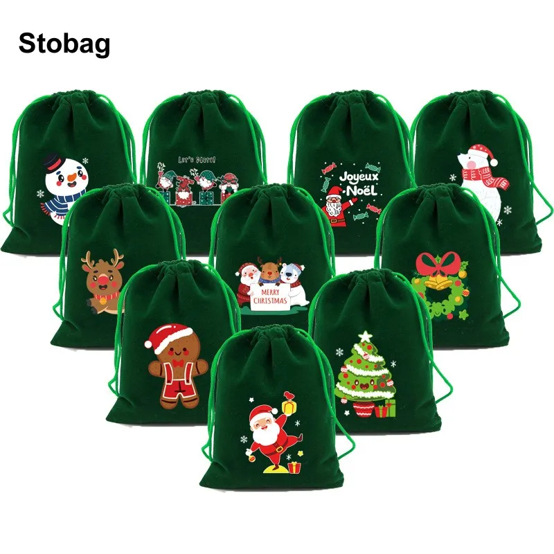 

StoBag 5pcs Merry Christmas Velvet Bags Small Drawstring Candy Gift Packaging Storage Child Kids Pocket Pouches Party Favors