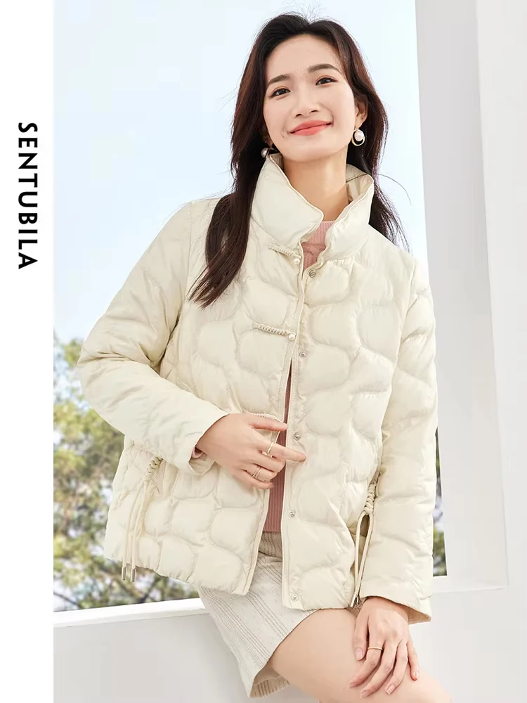 SENTUBILA Women\'s 90 White Duck Crop Down Jacket Winter 2024 Stand Collar Short Down Coats Warm Wavy Puffer Jackets W34Y49503