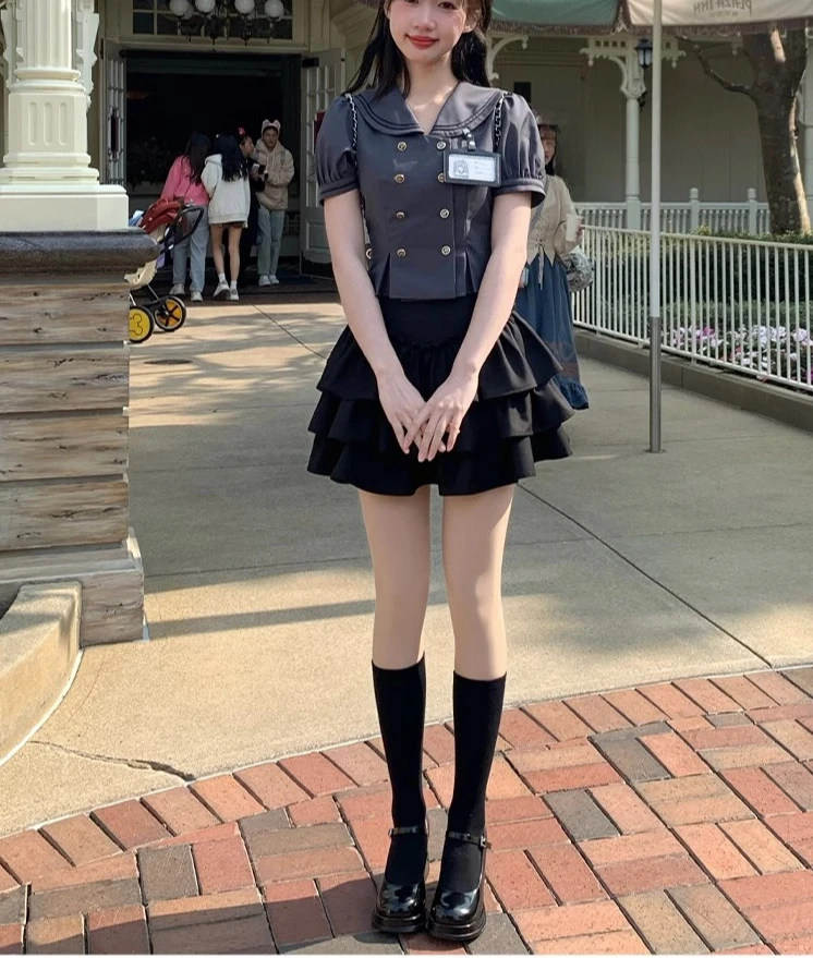 American College JK Uniform Sailor Collar Short-sleeved Slim Shirt Top Summer New Cute Girl Ruffles High Waist A-line Cake Skirt