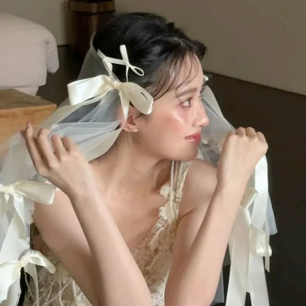 

Stylish Versatile Bridal Veils Bow White Bride Head Gauze Sweet Fairy Wedding Headwear Headdress