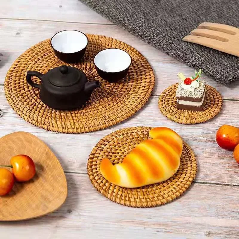 Natural Rattan Woven Teapot Coaster Holder Woven Tea Ceremony Creative Placemat Table Mat Bowl Mat Plate Mat Heat Insulation Mat