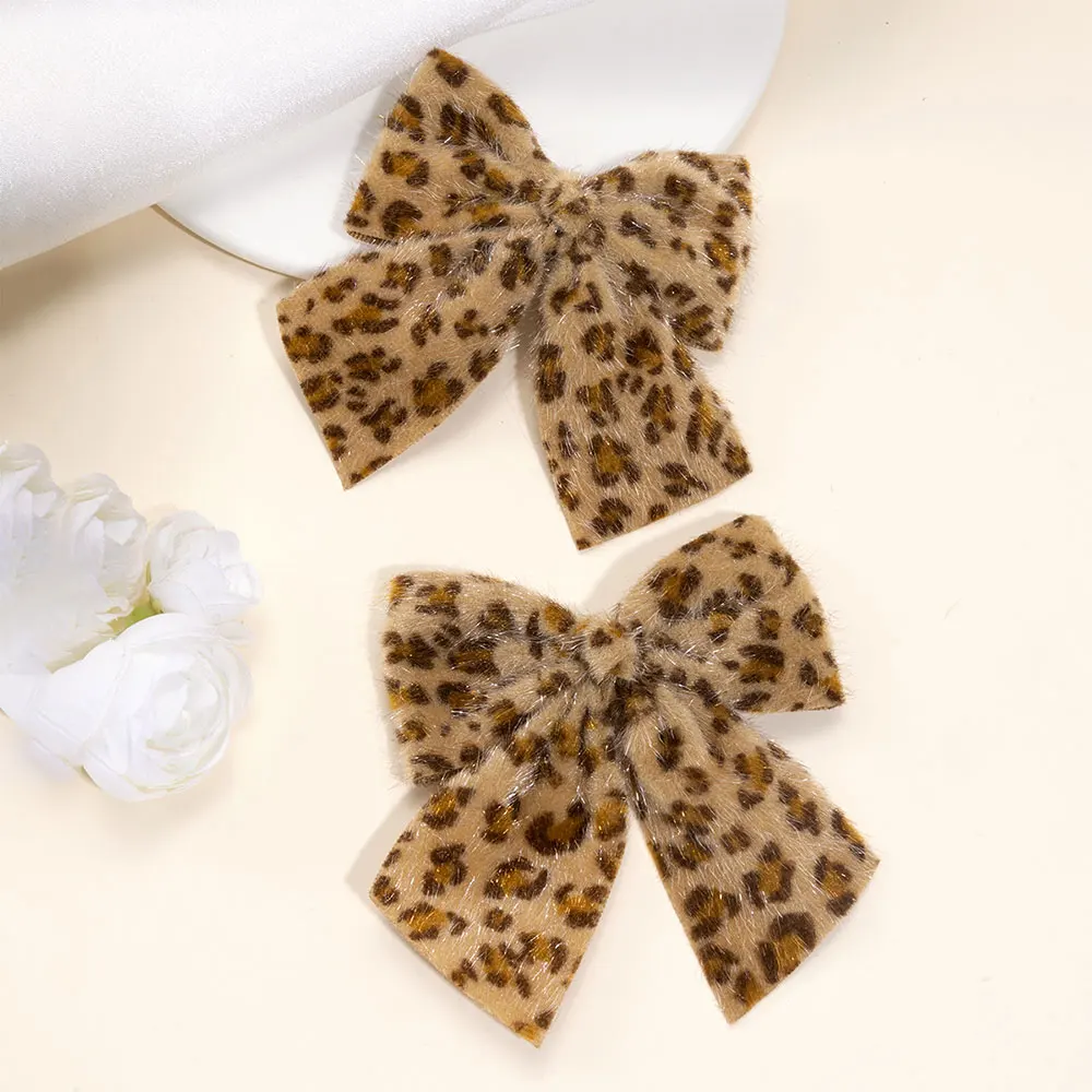 2Pcs Elegant Leopard Print Bow Hair Clip Cute Girls Plush Hairpins Kids Barrettes Headwear Fashion Hair Accessores