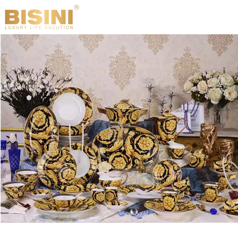 Opulent Baroque Style Palace Fine Bone china Porcelain 70pcs Dinnerware Sets Golden Ivy Porcelain Tableware set