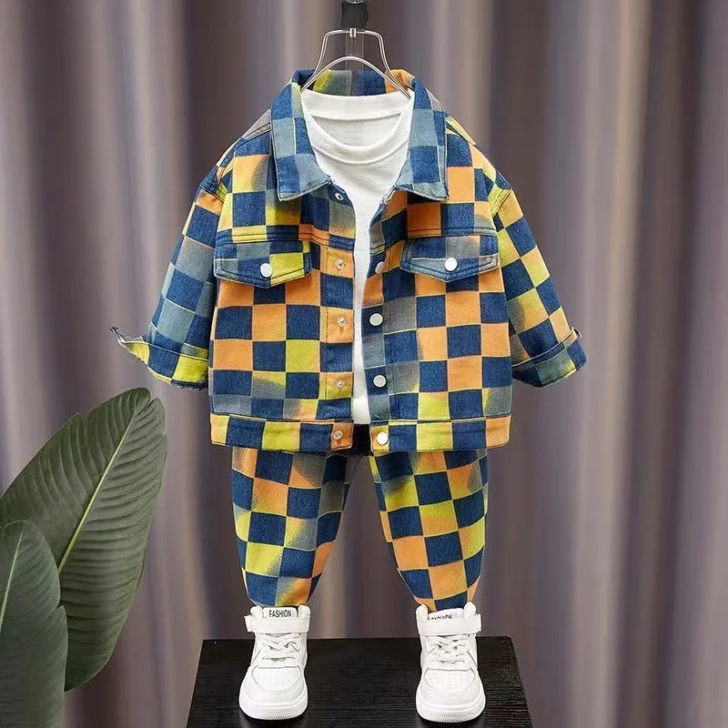 Children\'s And Boys Denim Set For Spring And Autumn  New Autumn Two-piece Set For Korean Version Of Fashionable Plaid For Boys