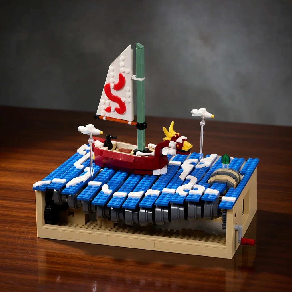 MOC Wind Adventure Red Dragon Boat Building Blocks Ocean Wave Mechanical Ship Model Desktop Decor Bricks Display Gift Toy