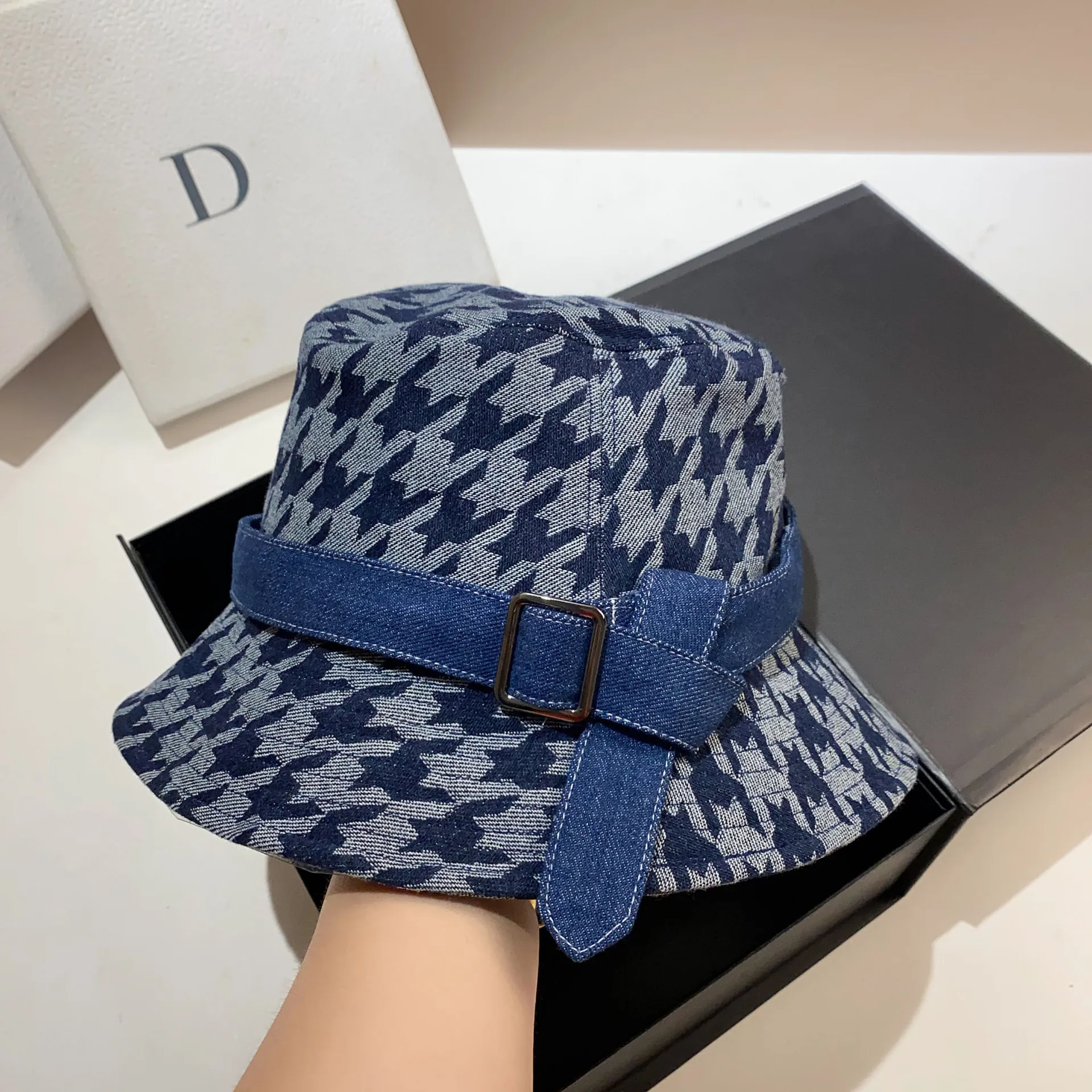 Luxury Houndstooth Women\'s Denim Bucket Hat Summer Spring Flat Fisherman Hat Korean Fashion Casual Outdoor Beach Sun Hats