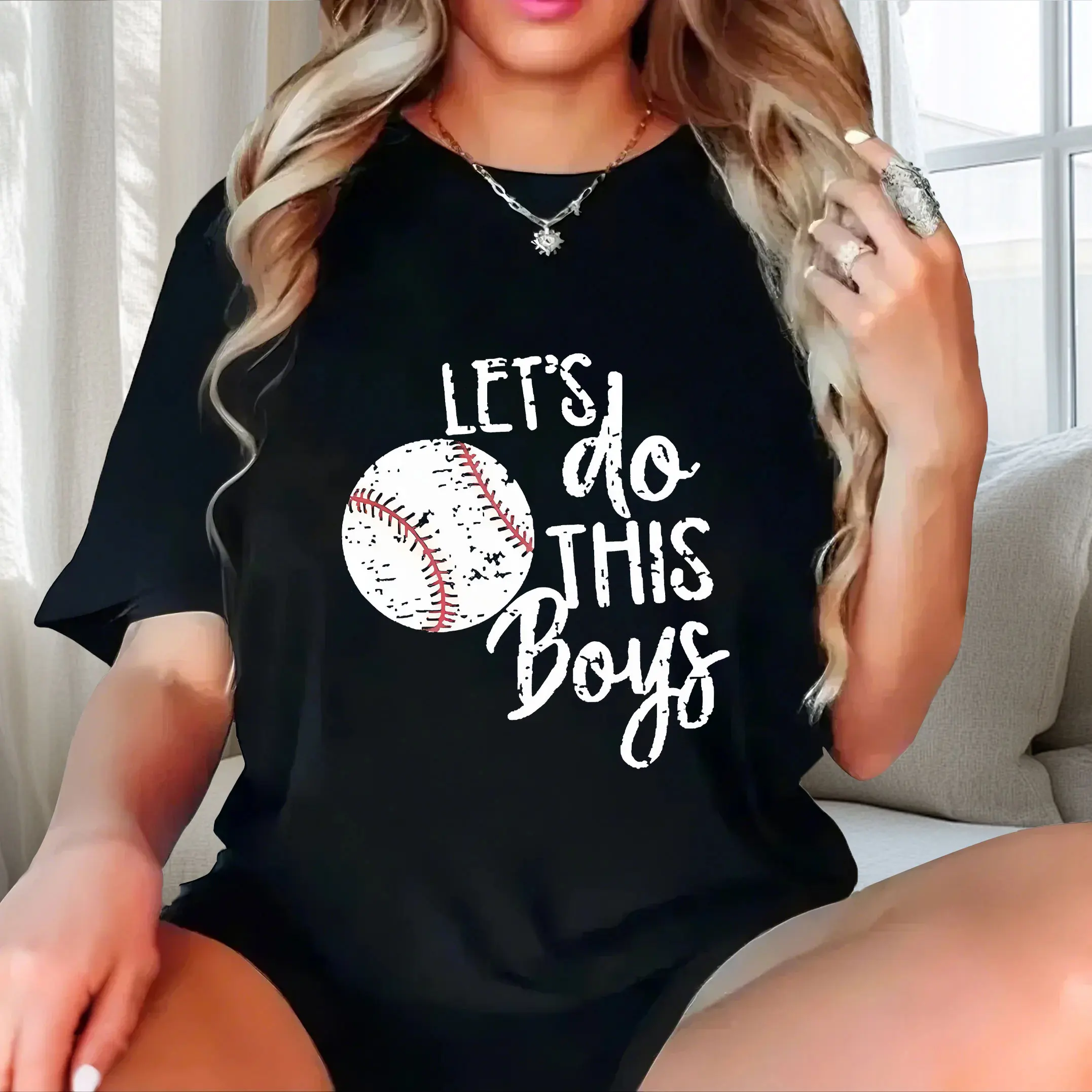 

English+baseball element print plus size Butterfly pattern women's casual short sleeved T-shirt black