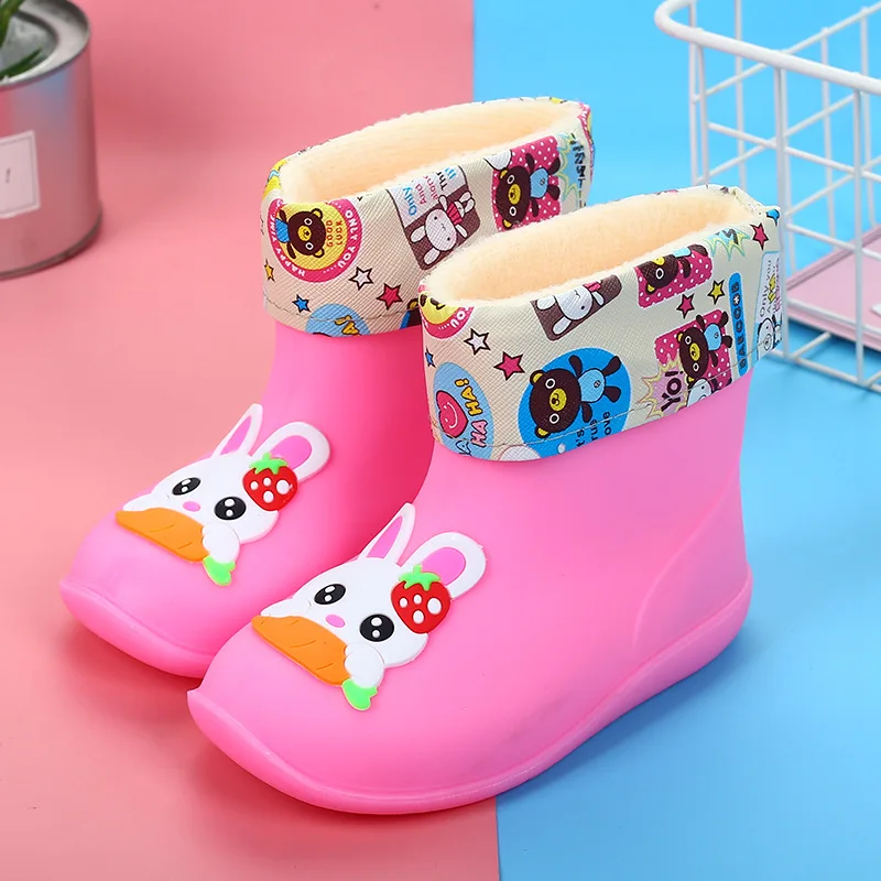 Children Cotton Rain Boots Cute Cartoon Rubber Shoes Waterproof Non Slip Plush Water Boots Student Kid\'s Boot for Boys Girls