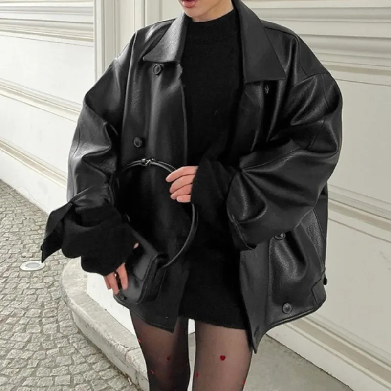 Streetwear Women Retro Loose Pu Faux Leather Jacket Autumn Winter Female Vintage Button Up Coat Vintage Moto Biker Outwear Y2k