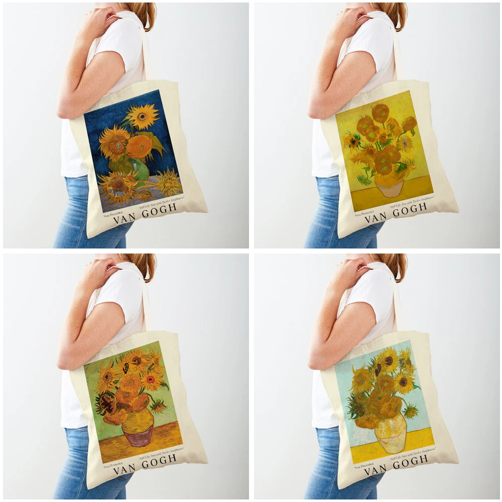 Bolso de compras de Van Gogh para mujer, bolsa de mano con estampado doble de jarrón, noche de cinco tarros, girasol, favismo, a la moda, de dibujos