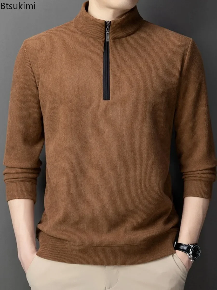 

New Men's Warm Hoodies Fashion Plus Velvet Thickened Half Zip Stand Collar Pullovers Casual Solid Thermal Bottoming Tops for Men