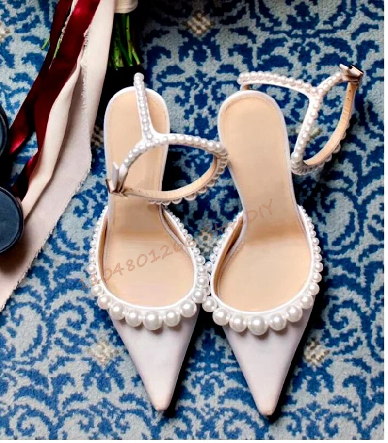Pearl Stiletto Heels Women's High Heel Dress Shoes Back T Strap Thin Heel Pumps Events Women Bride Pointed Shoes High Heels