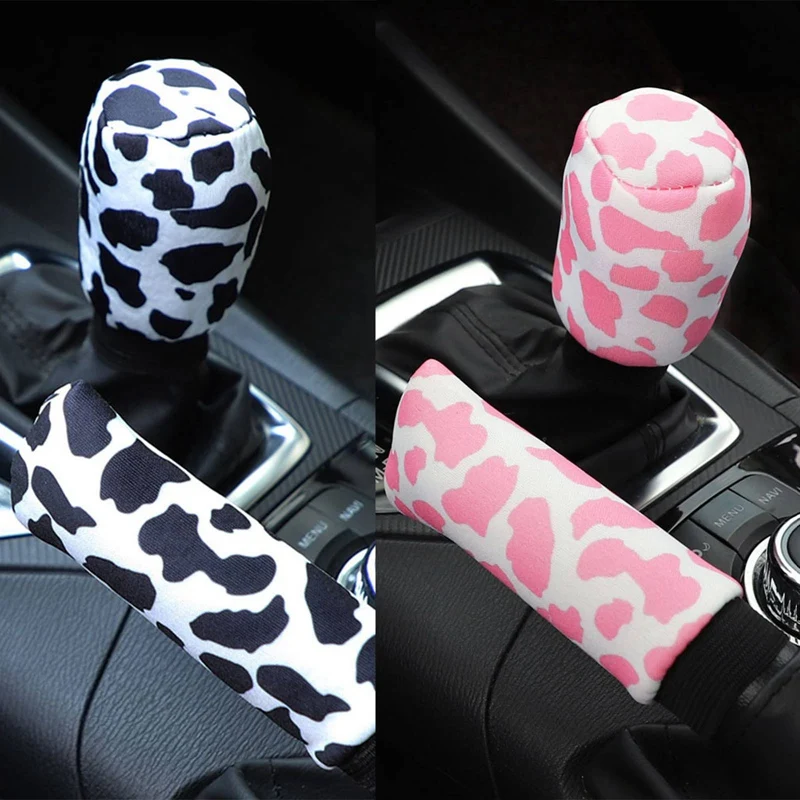 

1 Set Milk Cow Printed Car Gear Shift Collar Cover Glitter Rhinestones Shifter Hand Brake Covers Auto Interior Accessories