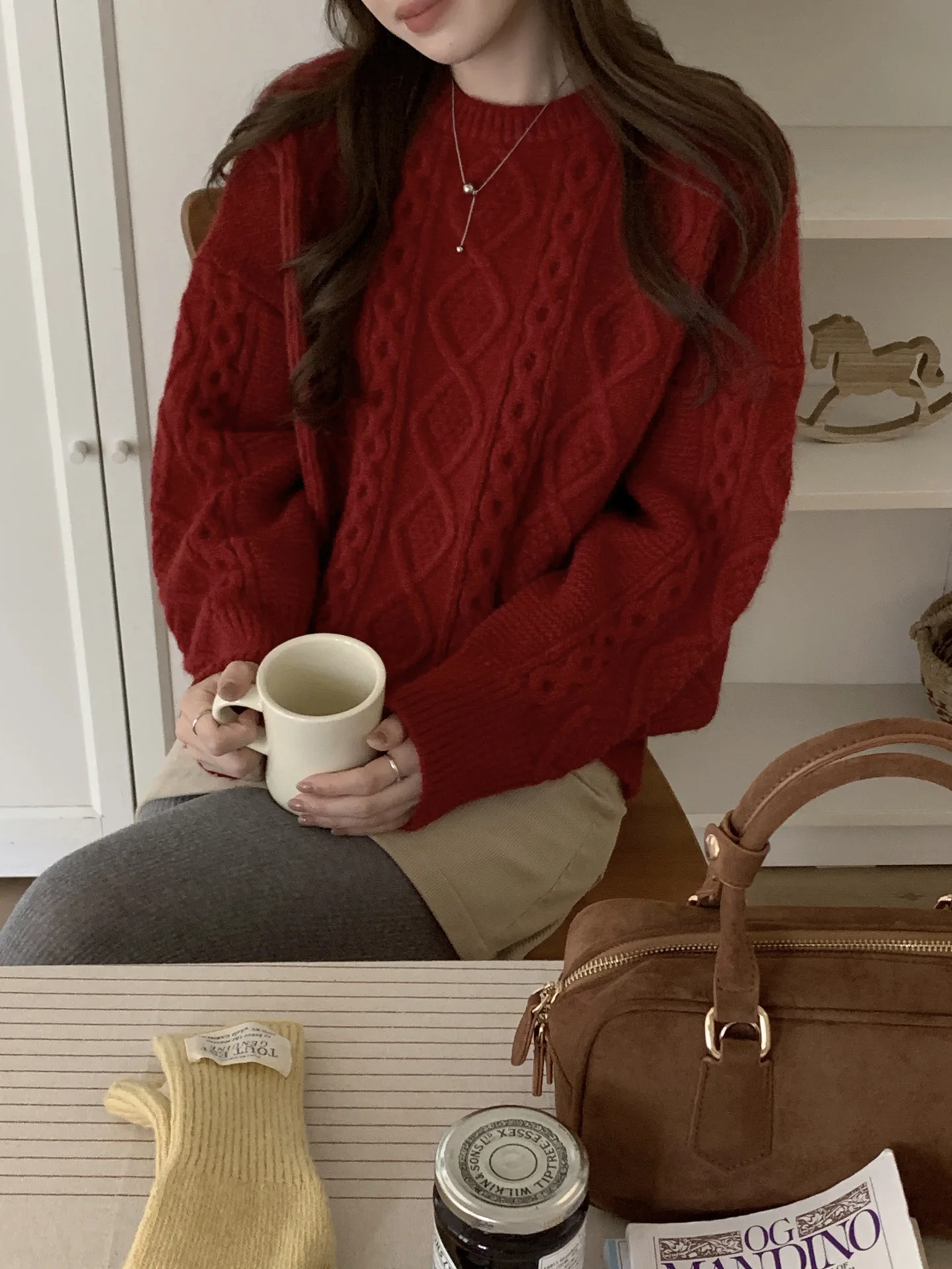 

ZY Red Thiened Oversized Autumn Winter Sweater Women's Lazy Sle Mid-Length Knitwear round Ne Long Sve Warm Coat