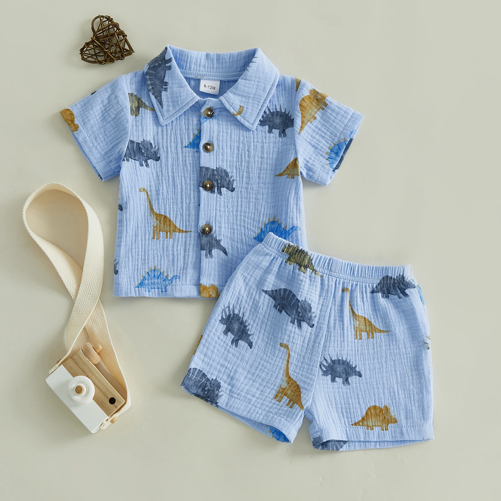 VISgogo Toddler Baby Boy Dinosaur Shorts Set Animal Short Sleeve Button-up Collared Shirt and Shorts 2 Piece Summer Outfit
