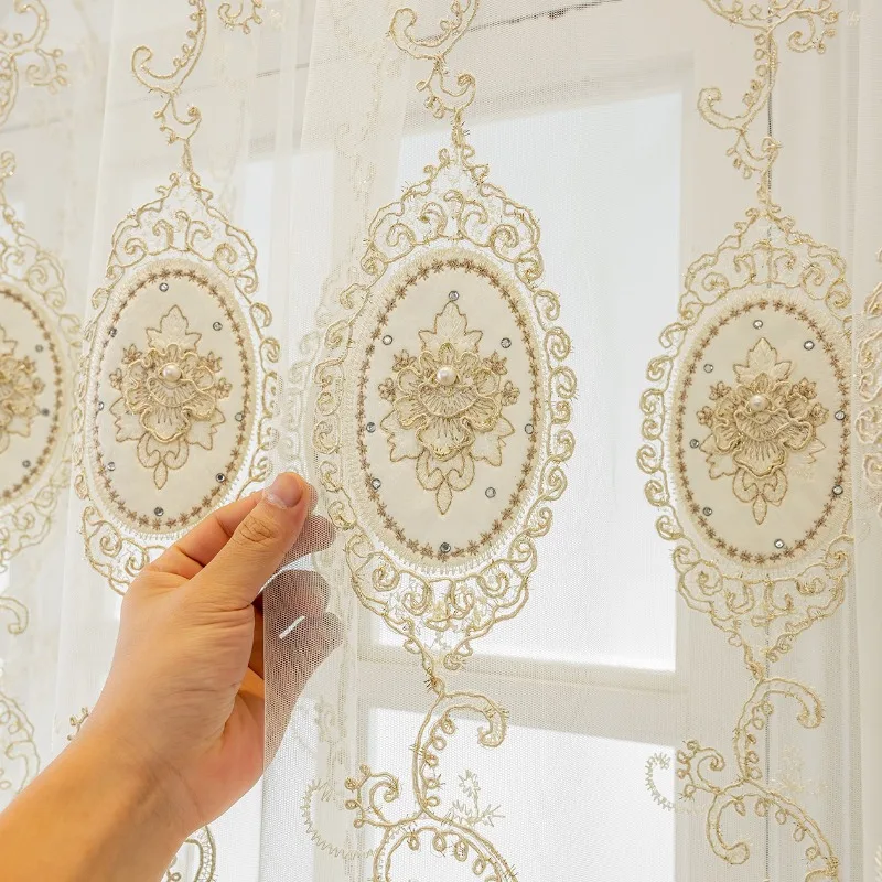 Embroidery European Style Beads Embroidery Transparent Tulle Window Curtains for Living Room Bedroom Dining Luxury Retro Decor