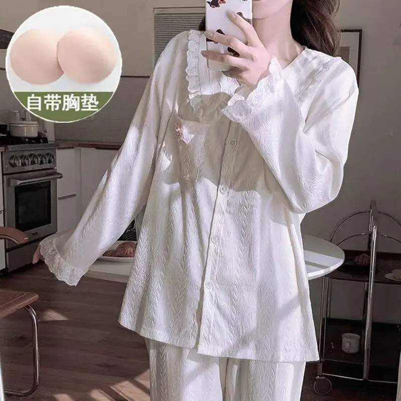 

New Hot Lace Pajamas Set Women Sleepwear Cotton Feel Casual Home Outerwear With Bra Pads Button Cardigan Long Sleeve Long Pants