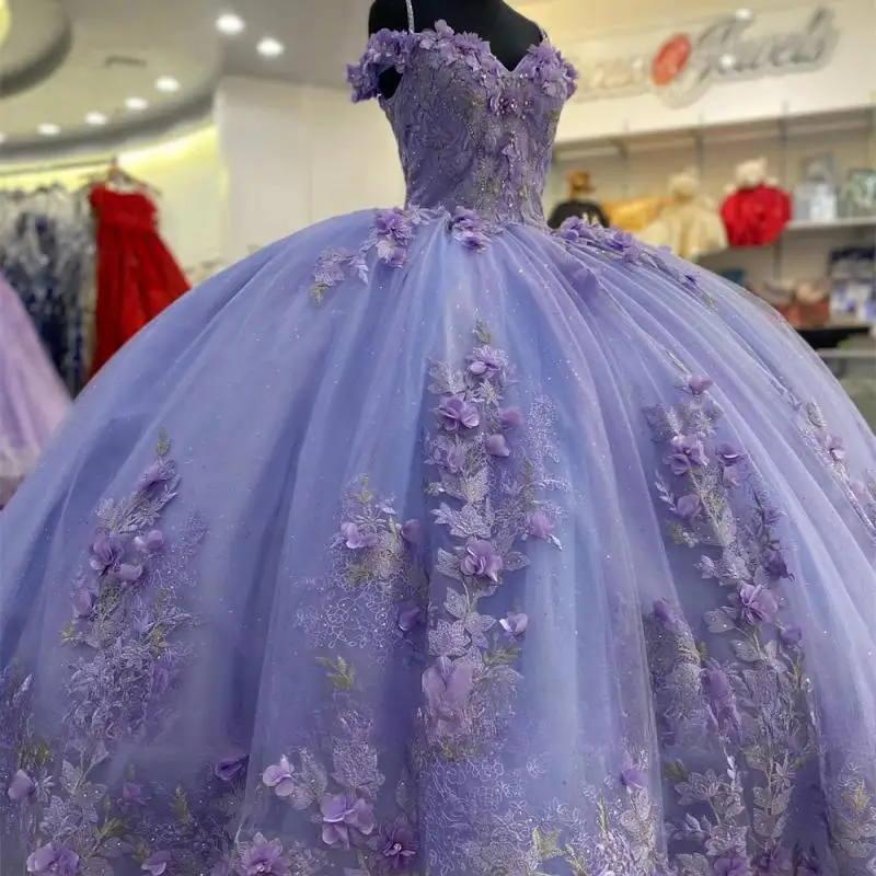 Lively Purple Princess Quinceanera Dresses Beaded Floral Applique Ball Gown For Special Events vestidos 15 años Customized