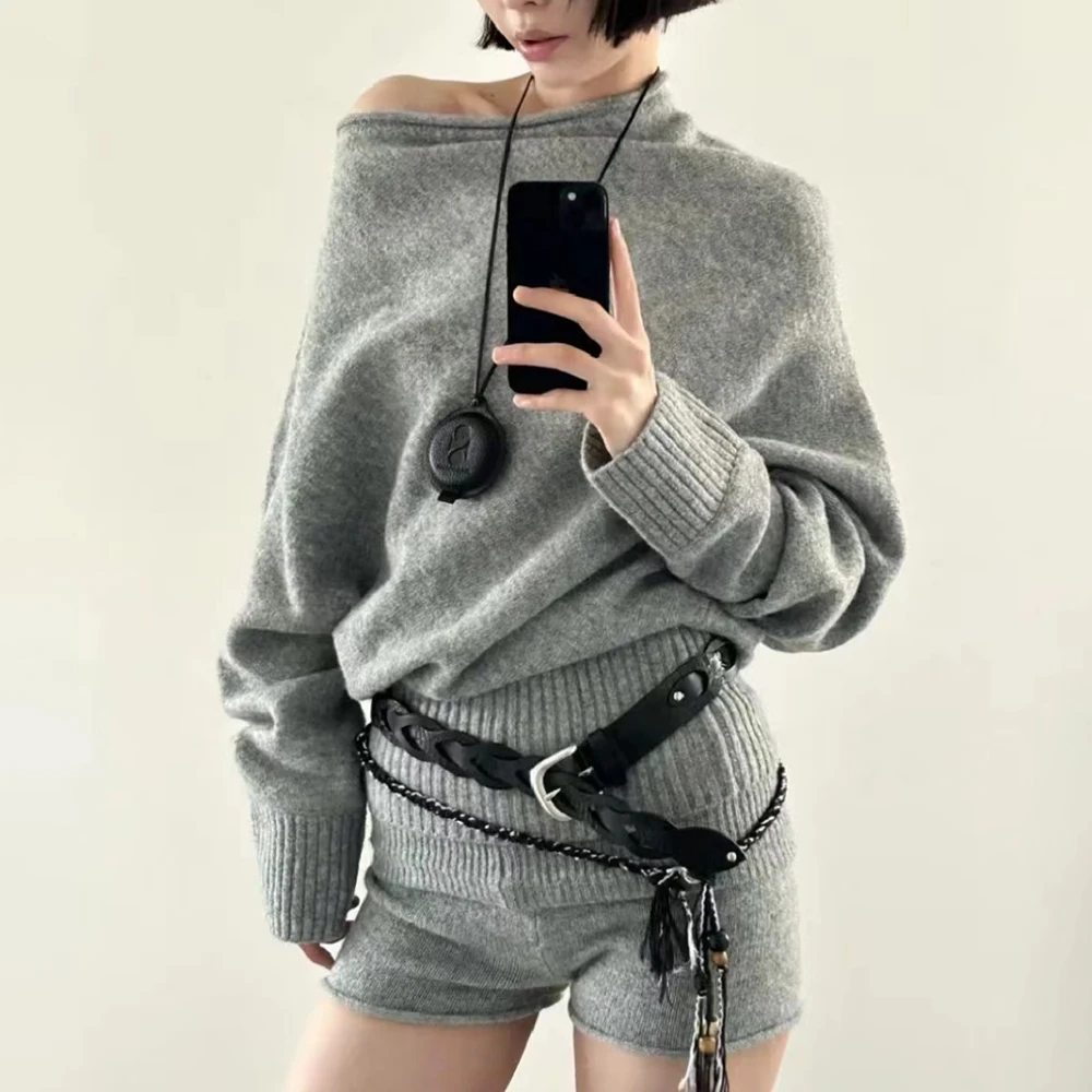 TWOTWINSTYLE Solid Minimalist Two Piece Sets For Women Skew Collar Long Sleeve Tops High Waist Shorts Chic Set Female Clothing