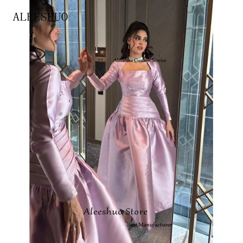 Aleeshuo Classic A-Line Evening Dresses Sequare Collar Ruffle Beaded Prom Dress Pleat Ankle-Length Long Sleeves Party Dresses