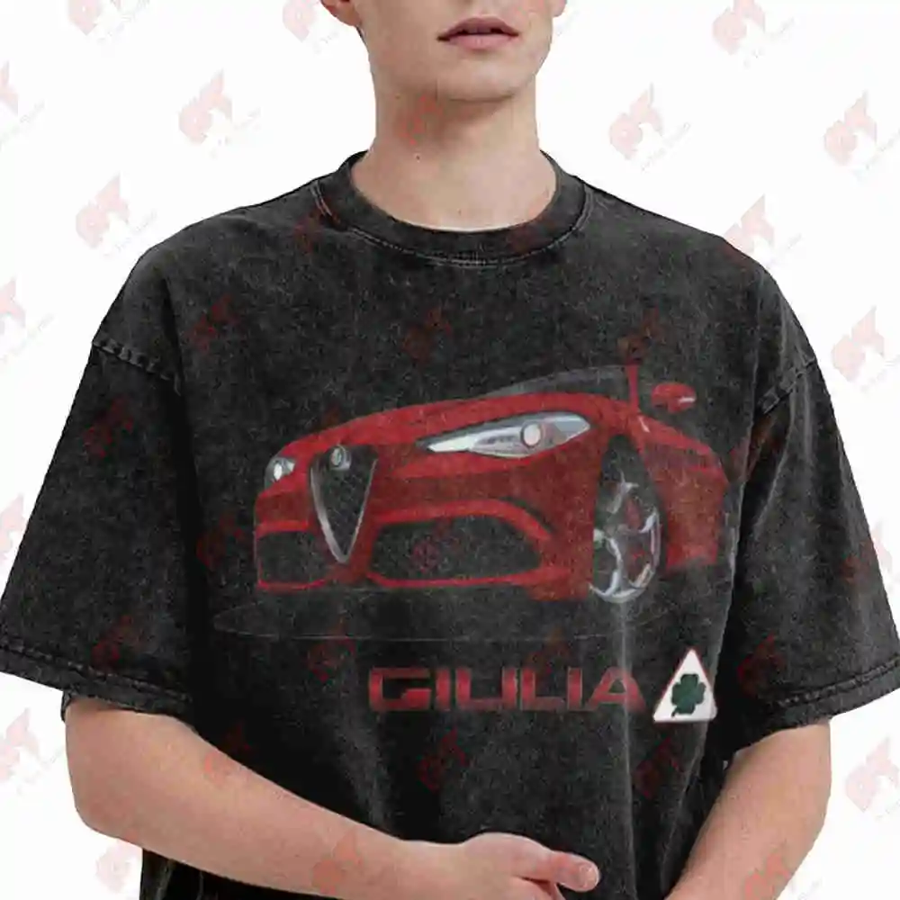 Giulia Quadrifoglio Red Car Vintage Washed Tee Pure Cotton T-Shirt