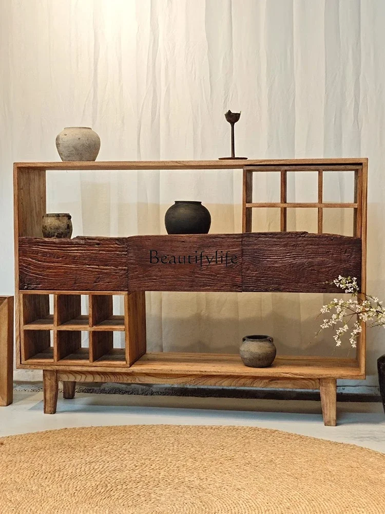 

ld25 Wabi-Sabi Style Tea Cup Bogu Display Rack Side Cabinet Solid Wood Storage Sideboard