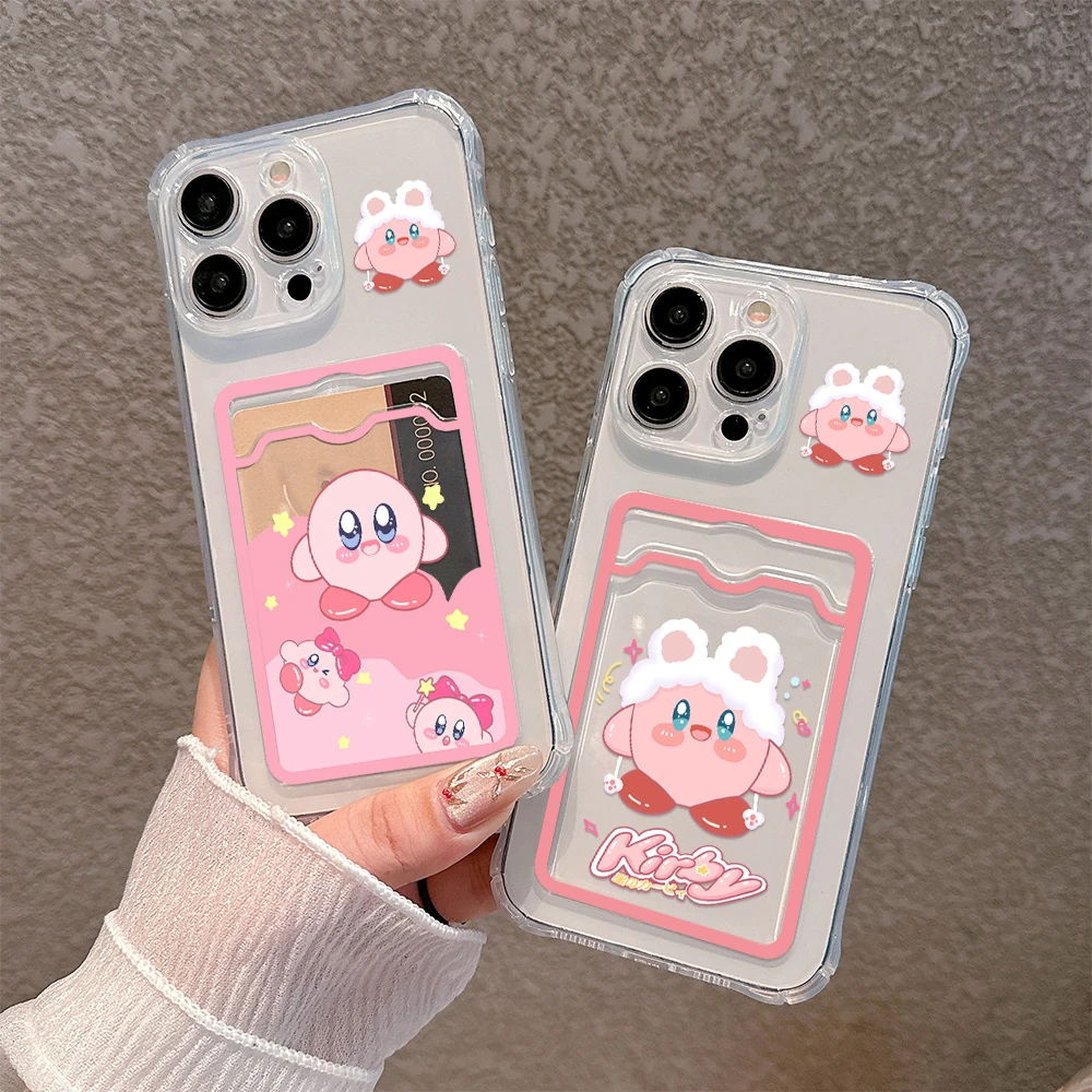 Cute anime Pink Kirbys Card Hold Case For iPhone 15 14 13 12 11 Mini Pro Max X XR XSMax 6S 6 7 8 Plus SE20 Anti-fall Clear Cover