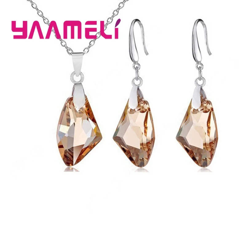 NEW 925 Sterling Silver Jewelry Sets Geometric Austrian Crystal Pendant Necklace Hook Earwire Earrings Wedding Accessory