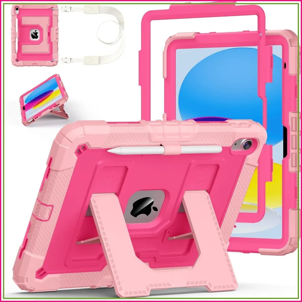 

Military Grade Shockproof Case for iPad A16 11th/10th Generation 11/10.9 Inch 2025/2022, with Kickstand, Pencil Holder, Shoulder Strap, Pink Rose