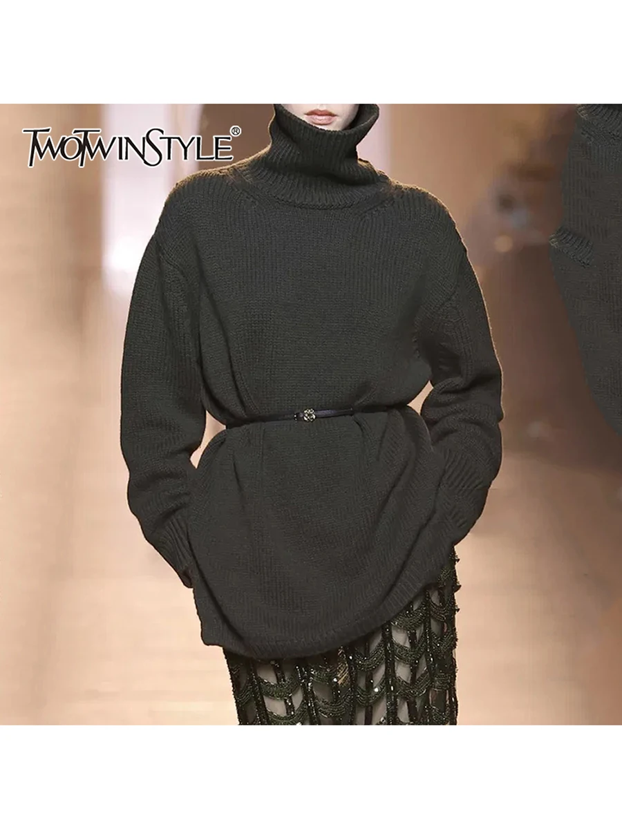 

TWOTWINSTYL Solid Loose Minimalist Knit Sweaters for Women High Neck Long Sleeves Temperament Sweater Female Fashion Clothes New