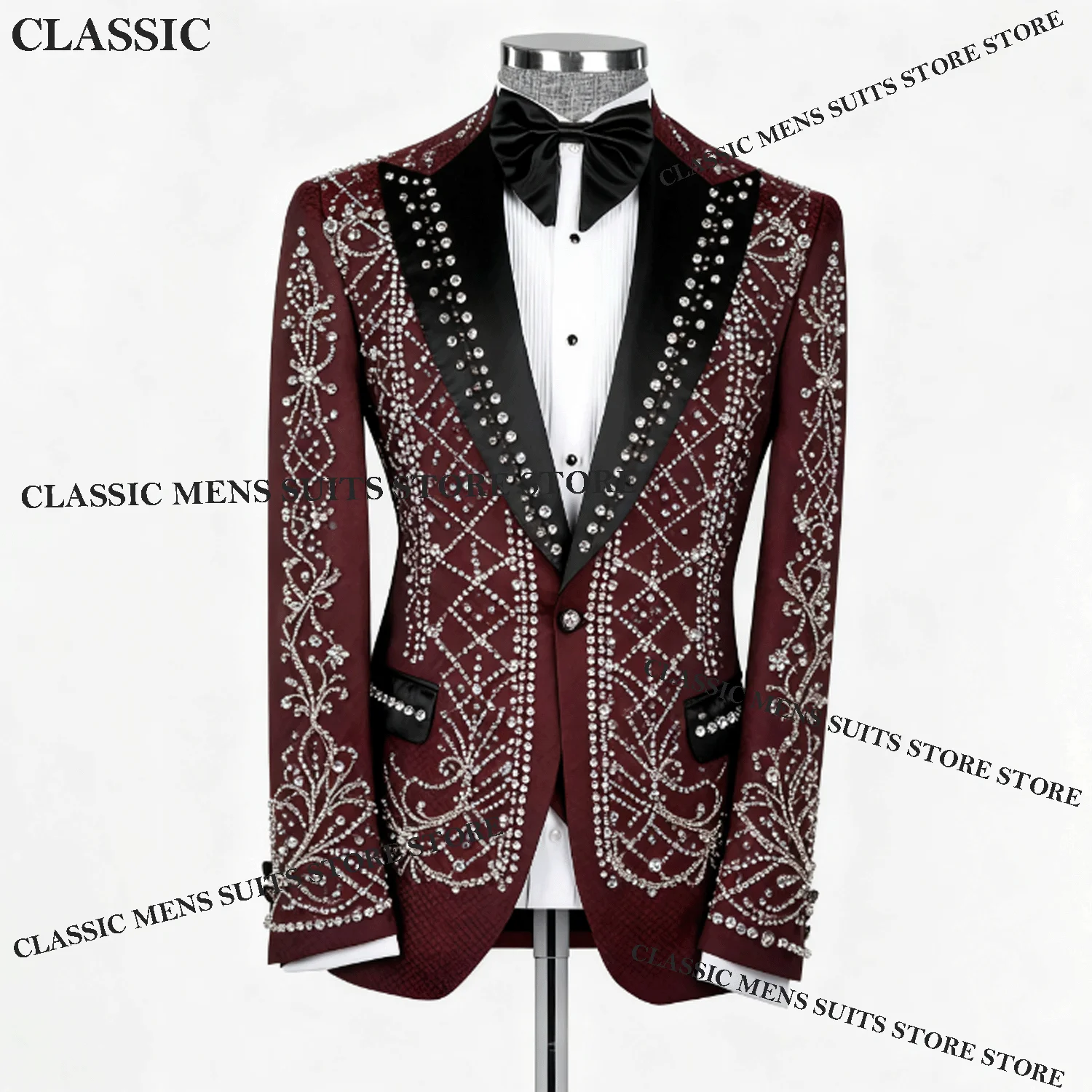

Customized Elegant Rhinestone Coat Style Men Suit 2 Piece Sets Groom Male Blazers Beaded Peaked Lapel Ropa hombre Wedding Tuxedo