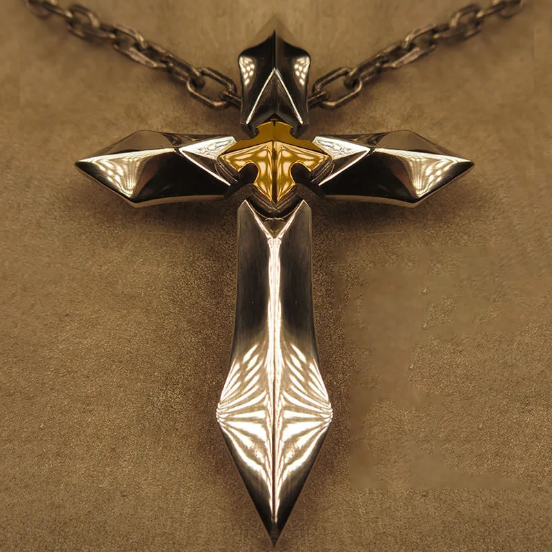 Knight Heart  Stainless Steel Huge Cross Sword Pendant Necklace Men Male Metal Cruz Necklaces Jewelry Accessories