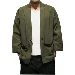 2023 Summer Men's Cotton Blends Linen Open Front Cardigan Embroidery Kimono Jackets