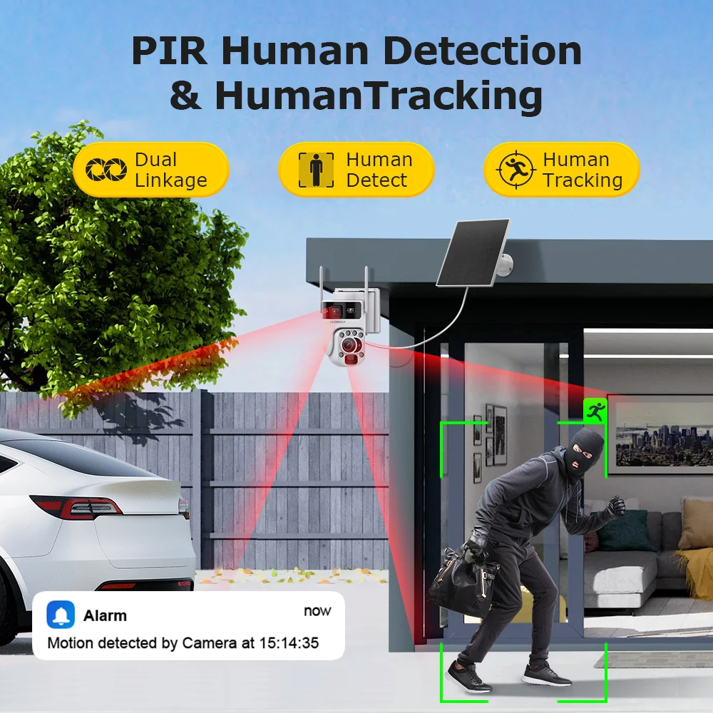 INQMGEA 6K 12MP 50X Zoom 4G SIM Solar Powered Outdoor Camera Color Night Vision PIR Human Detection Alarm PTZ 360° Rotation