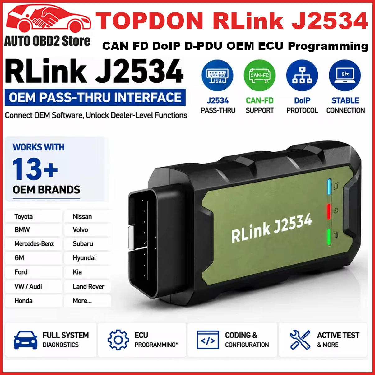 Topdon Rlink J2534 Compatible with 13+ Vehicles Support CAN FD and DoIP Protocol Pass-Thru VCI OEM Reprogramming Diagnostic Tool