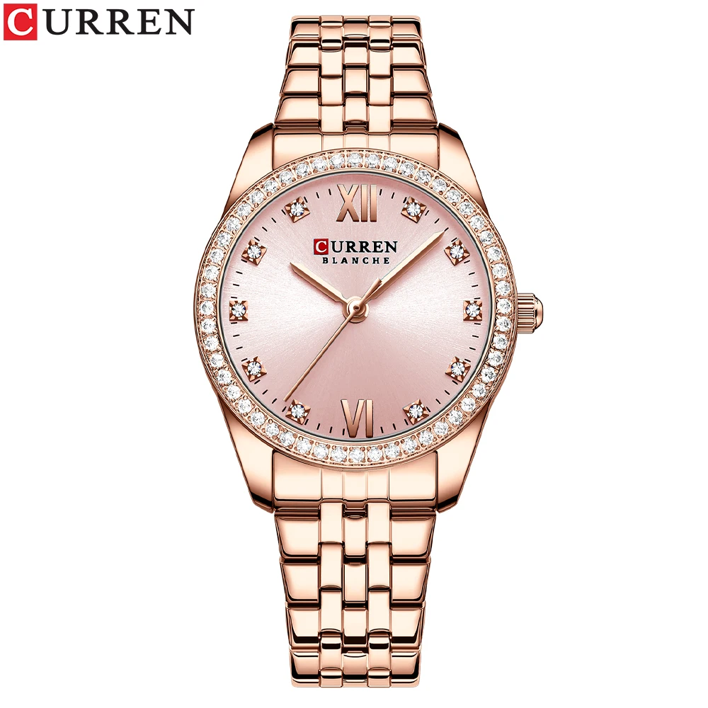 CURREN Classic Simple Stainless Steel Quartz Watches for Women Rose Dial with Rhinestone Charming Wristwatches